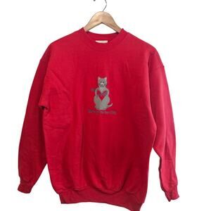 Vintage Cat Sweatshirt Women Med Red 90s My Heart Belongs To My Cat Kitty Granny